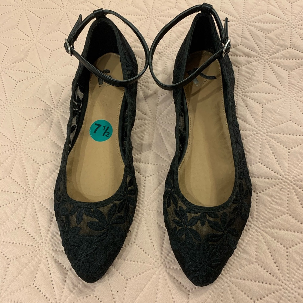 NWOT Sheer Black Embroidered Ankle Strap Flats